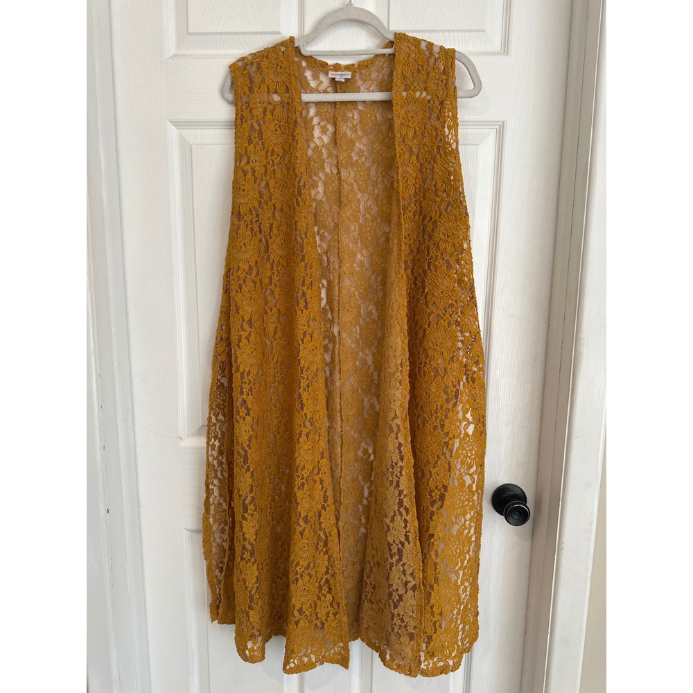 LuLaRoe Joy Duster Vest Womens Large Mustard Yellow Floral Lace Open Front Long